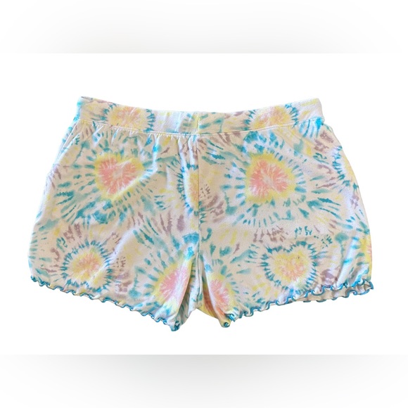 Women’s cute pajama shorts size Small tie dye with blue ruffle trim drawstring - Picture 2 of 9